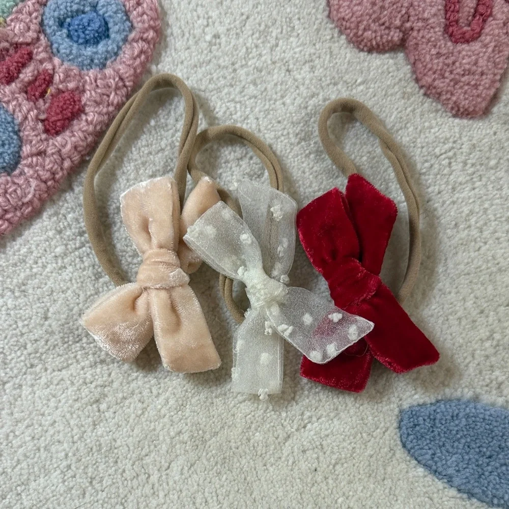 Lot of 3 Little Stocking Co headband bows- Peach velvet, Ivory tulle, Red velvet